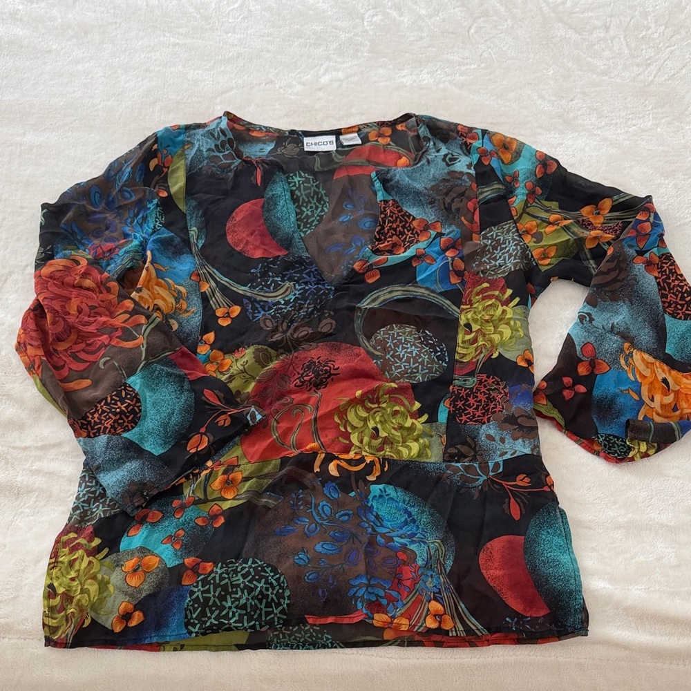 Chico's Black Sheer Floral-Print V-Neck Blouse with Multicolor Accents